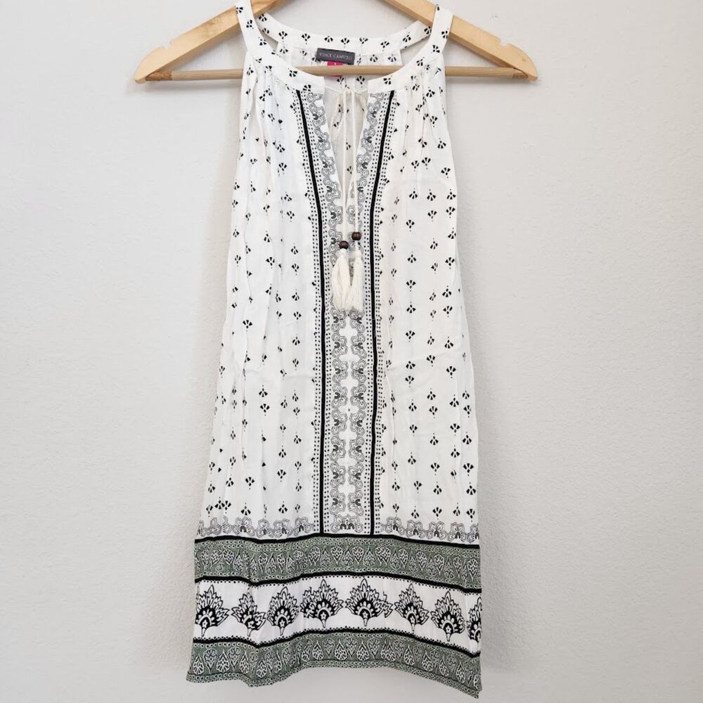 Vince Camuto Ivory Printed Tassel-Front Sleeveless Top | Size S